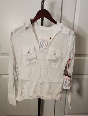 White Lightweight Semi-Sheer Button Pocket Blouse